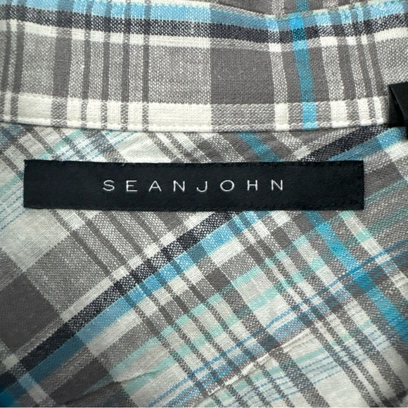 SEAN JOHN Men Adult 2XL Short Sleeve Button Down Blue Plaid Casual Shirt EUC - Picture 3 of 8